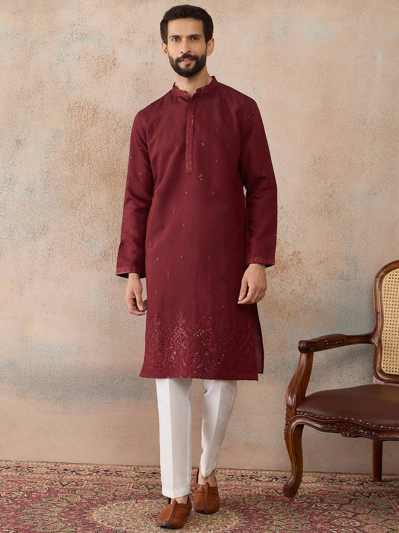 Mens maroon silk blend solid emboidered straight kurta with trouser