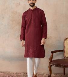 Mens maroon silk blend solid emboidered straight kurta with trouser