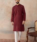 Mens maroon silk blend solid emboidered straight kurta with trouser