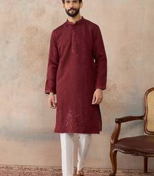 Mens maroon silk blend solid emboidered straight kurta with trouser