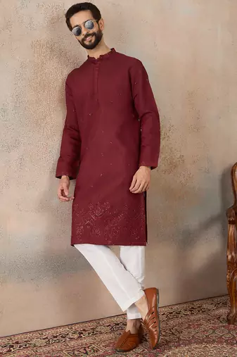 Mens maroon silk blend solid emboidered straight kurta with trouser