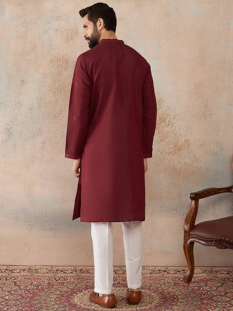 Mens maroon silk blend solid emboidered straight kurta with trouser