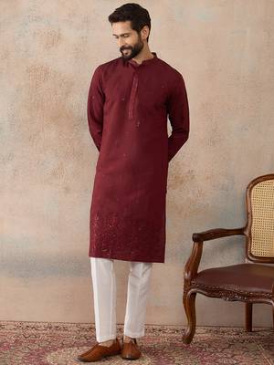 Mens maroon silk blend solid emboidered straight kurta with trouser 5