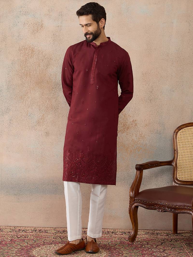 Mens maroon silk blend solid emboidered straight kurta with trouser