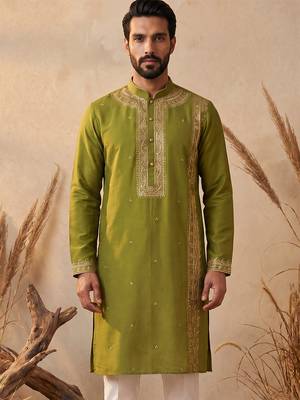 Mens green silk blend solid emboidered straight kurta with trouser 1