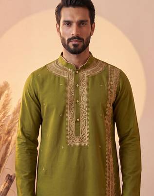 Mens green silk blend solid emboidered straight kurta with trouser 2