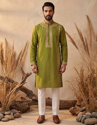 Mens green silk blend solid emboidered straight kurta with trouser 3