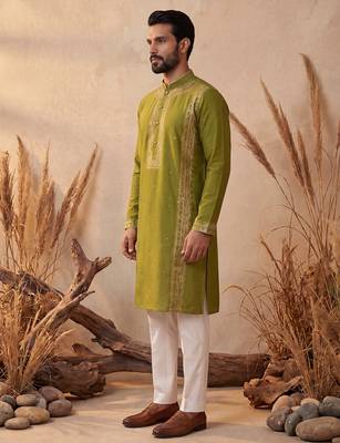 Mens green silk blend solid emboidered straight kurta with trouser 4