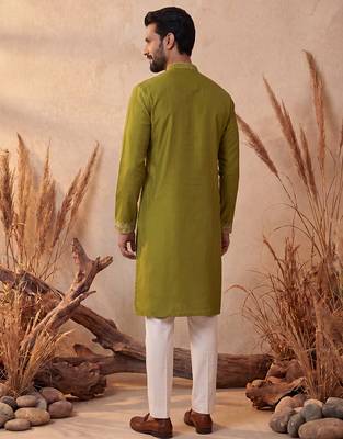 Mens green silk blend solid emboidered straight kurta with trouser 5