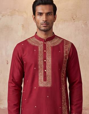 Mens red silk blend solid emboidered straight kurta with trouser 2