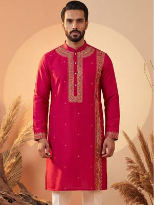 Mens pink silk blend solid emboidered straight kurta with trouser 1