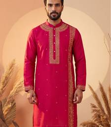 Mens pink silk blend solid emboidered straight kurta with trouser