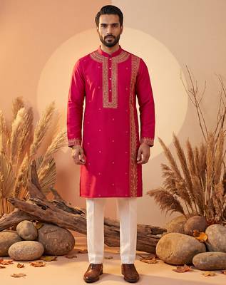 Mens pink silk blend solid emboidered straight kurta with trouser 3