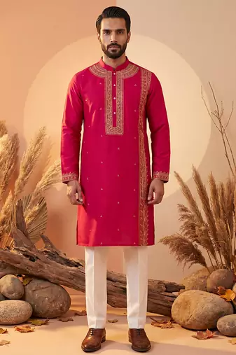 Mens pink silk blend solid emboidered straight kurta with trouser