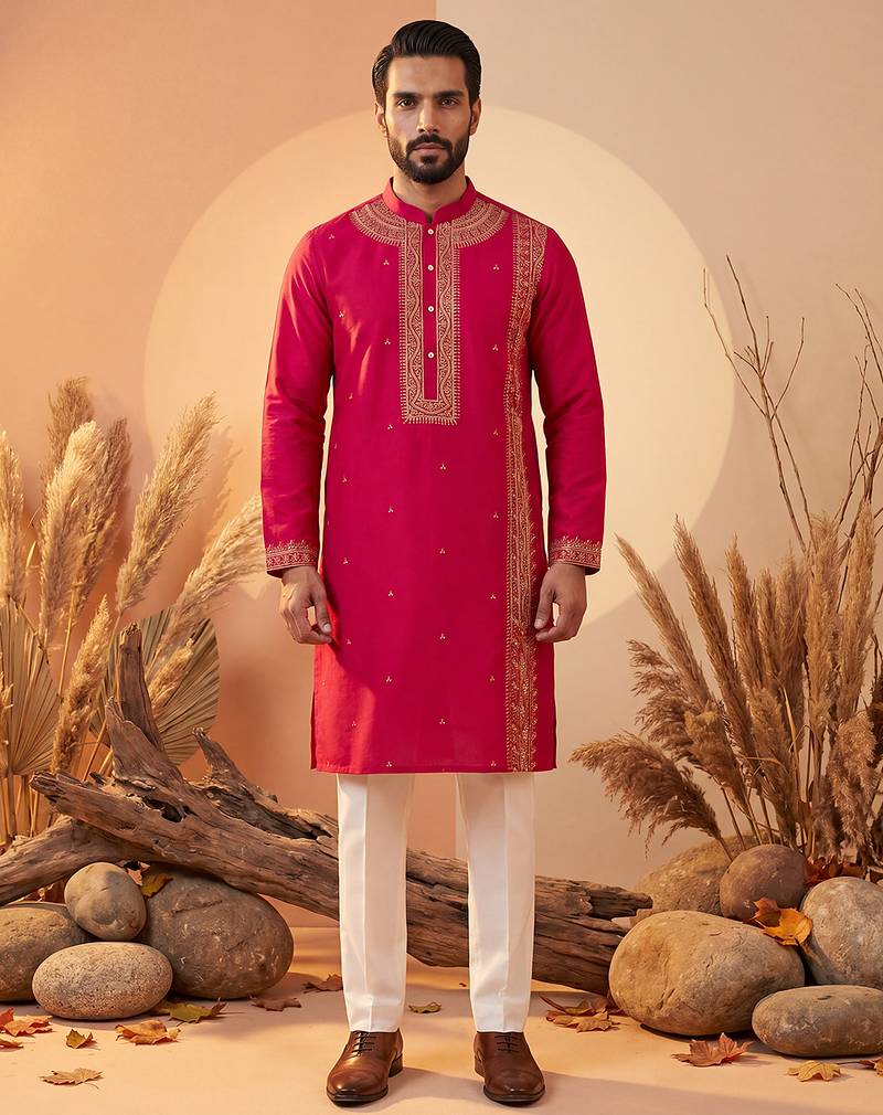 Mens pink silk blend solid emboidered straight kurta with trouser