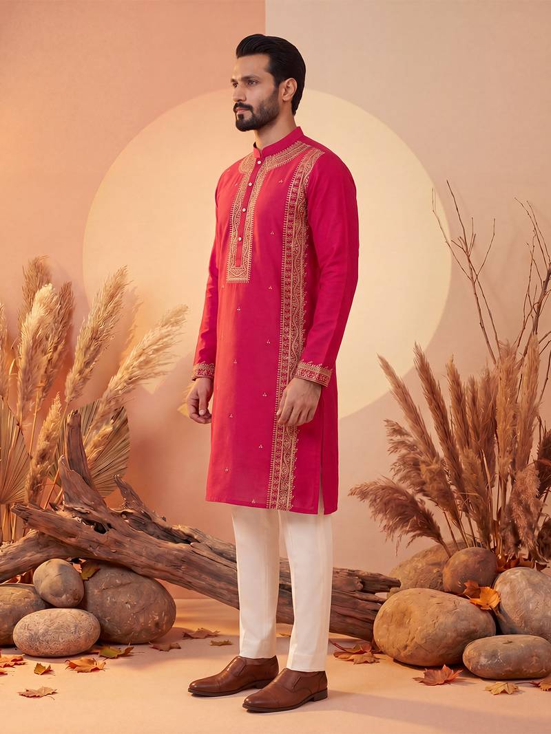 Mens pink silk blend solid emboidered straight kurta with trouser