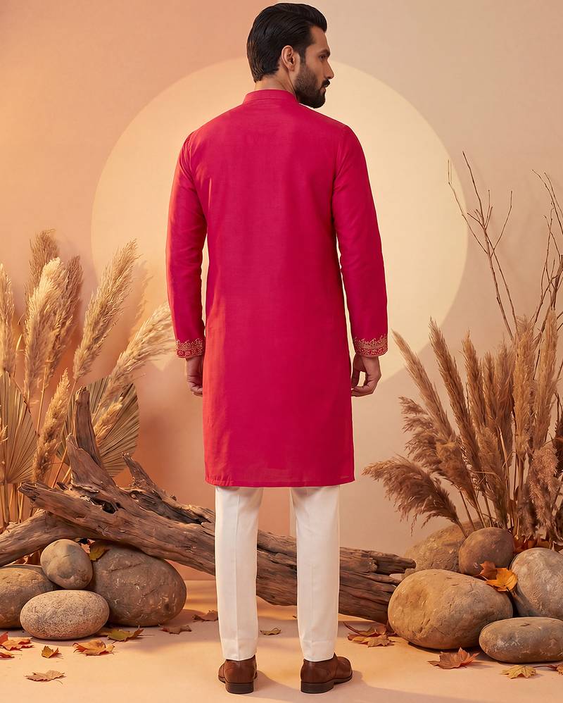 Mens pink silk blend solid emboidered straight kurta with trouser