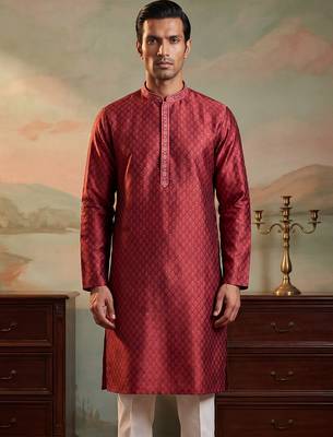 Mens maroon jacquard woven design straight kurta with trouser 1