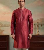 Mens maroon jacquard woven design straight kurta with trouser