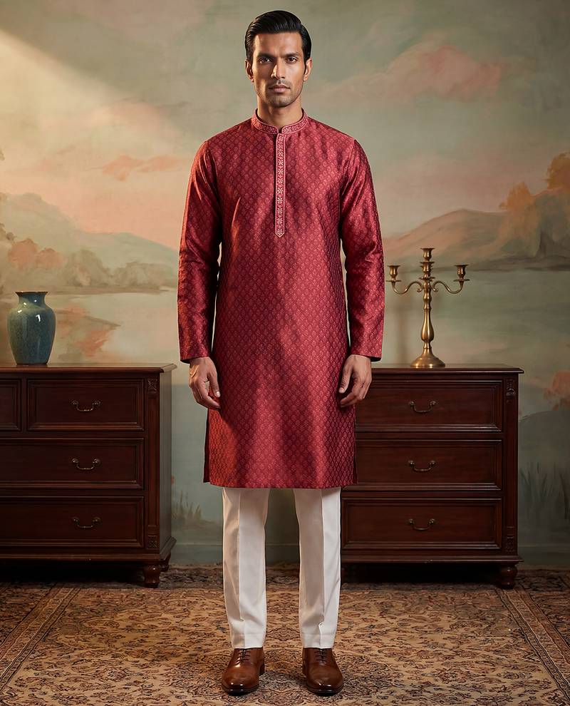 Mens maroon jacquard woven design straight kurta with trouser