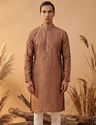 Mens brown jacquard woven design straight kurta with trouser 1