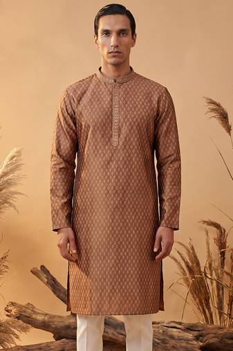 Mens brown jacquard woven design straight kurta with trouser