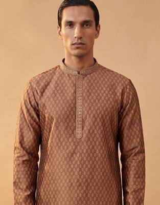 Mens brown jacquard woven design straight kurta with trouser 2