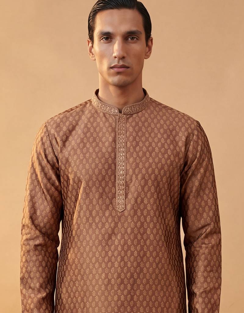 Mens brown jacquard woven design straight kurta with trouser