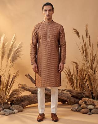 Mens brown jacquard woven design straight kurta with trouser 3