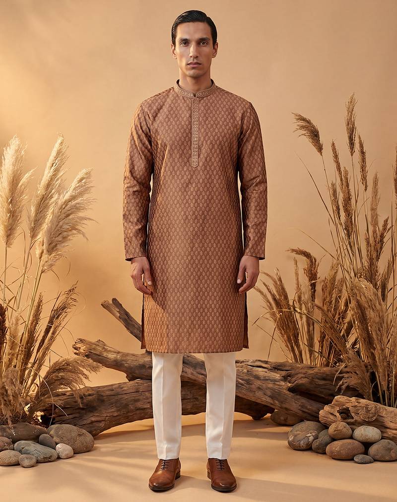 Mens brown jacquard woven design straight kurta with trouser