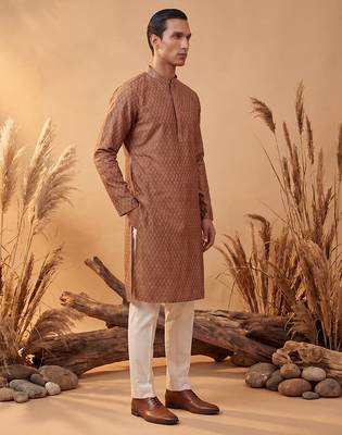Mens brown jacquard woven design straight kurta with trouser 4