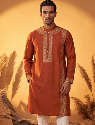 Mens orange silk blend solid emboidered straight kurta with trouser 1