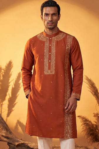 Mens orange silk blend solid emboidered straight kurta with trouser