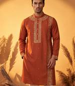 Mens orange silk blend solid emboidered straight kurta with trouser