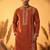 Mens orange silk blend solid emboidered straight kurta with trouser