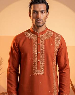 Mens orange silk blend solid emboidered straight kurta with trouser 2