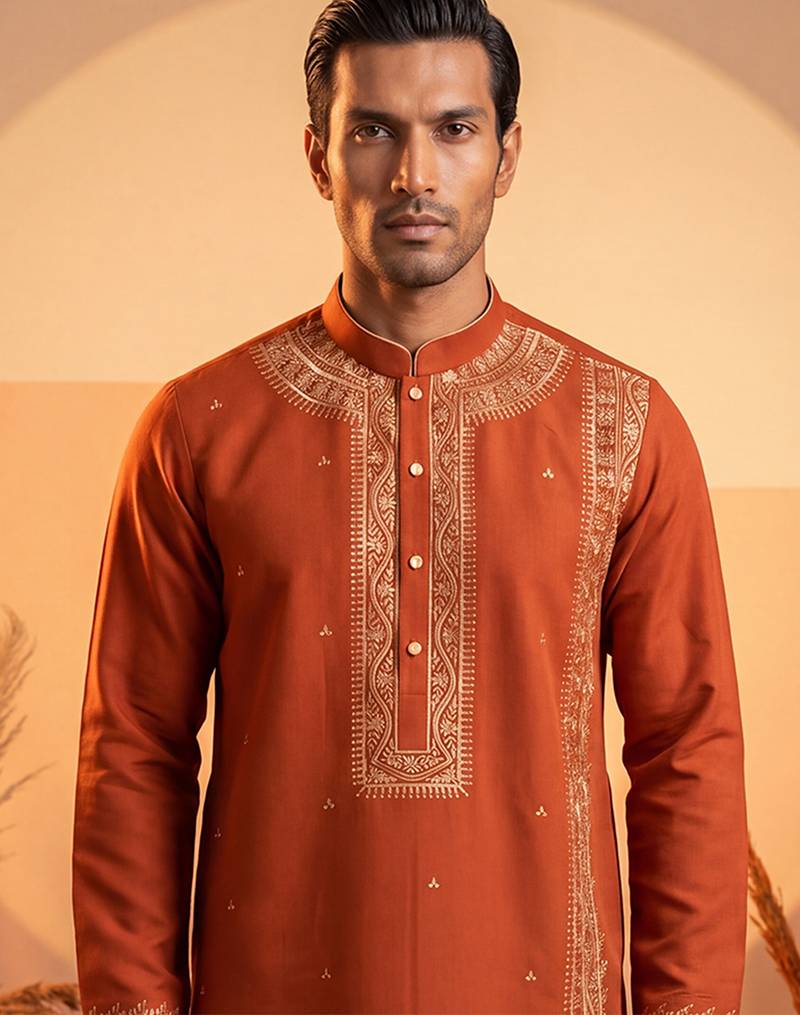 Mens orange silk blend solid emboidered straight kurta with trouser