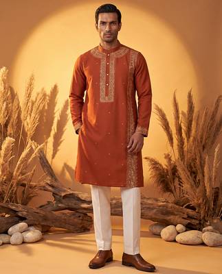 Mens orange silk blend solid emboidered straight kurta with trouser 3