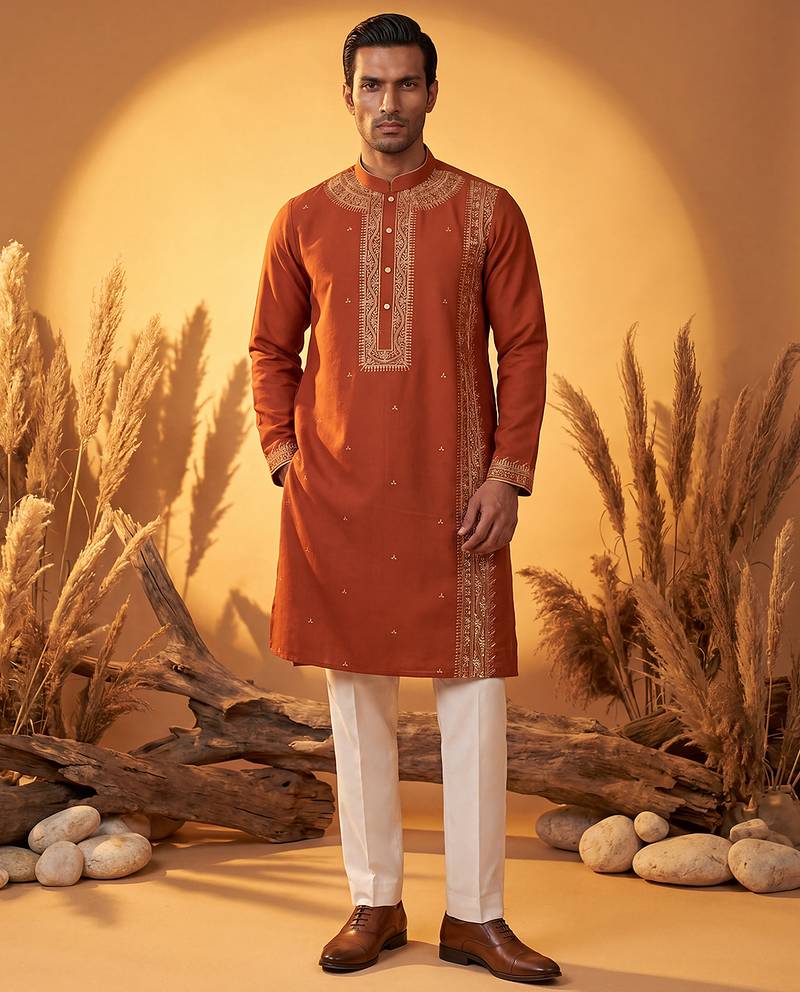 Mens orange silk blend solid emboidered straight kurta with trouser