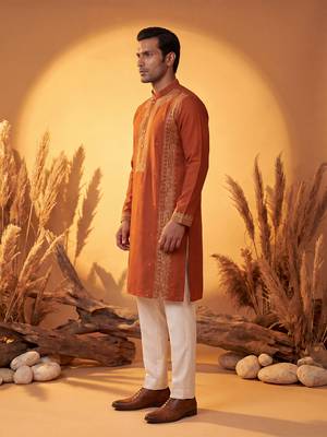 Mens orange silk blend solid emboidered straight kurta with trouser 4