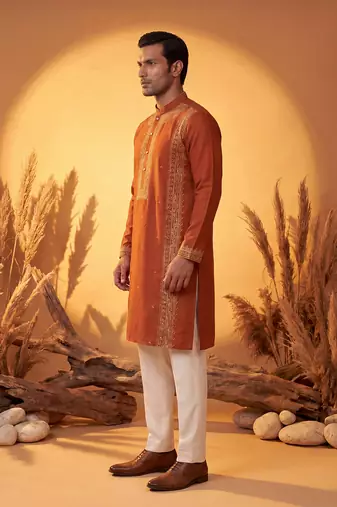 Mens orange silk blend solid emboidered straight kurta with trouser