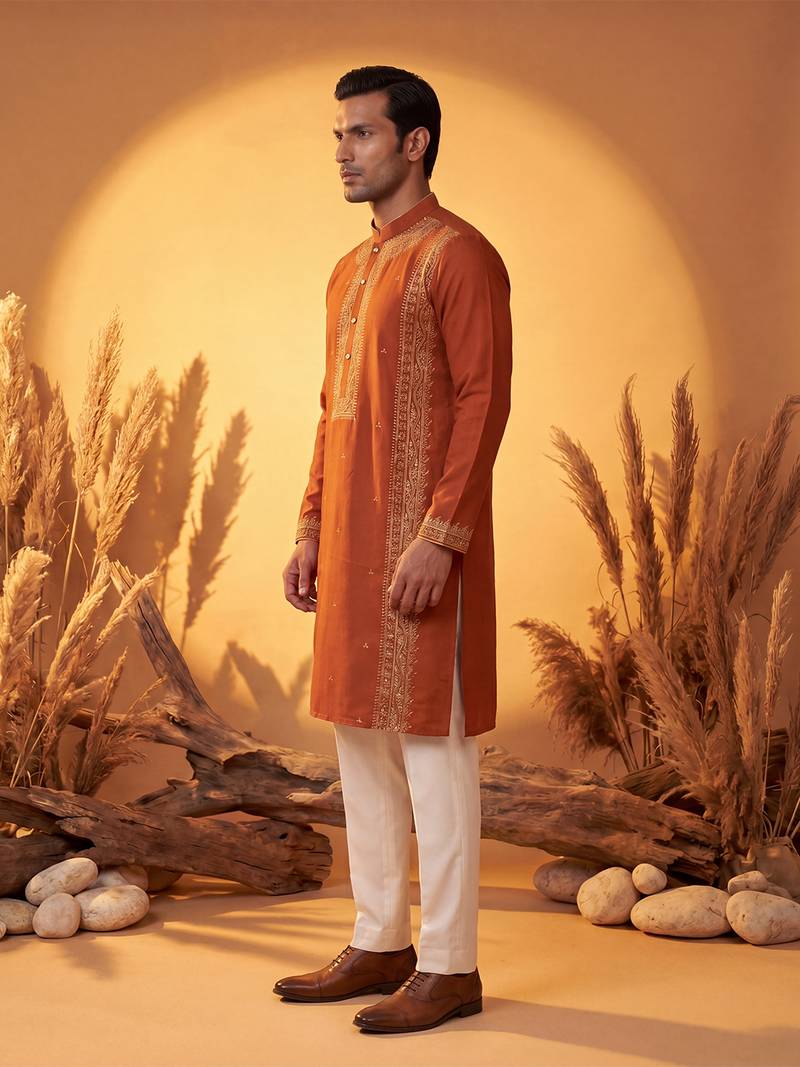 Mens orange silk blend solid emboidered straight kurta with trouser