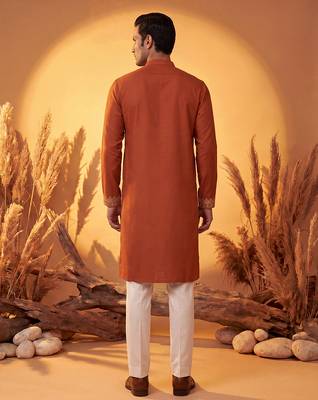 Mens orange silk blend solid emboidered straight kurta with trouser 5