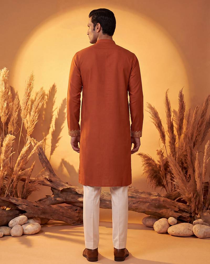 Mens orange silk blend solid emboidered straight kurta with trouser