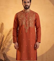 Mens orange silk blend solid emboidered straight kurta with trouser