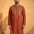 Mens orange silk blend solid emboidered straight kurta with trouser