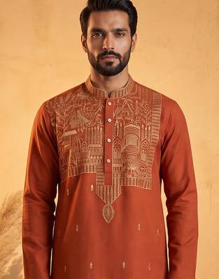 Mens orange silk blend solid emboidered straight kurta with trouser 2