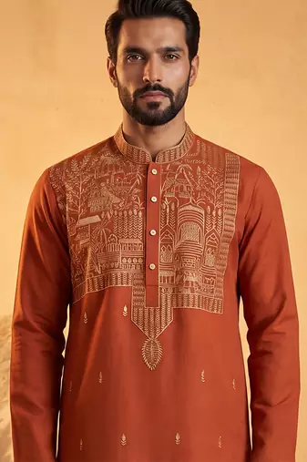 Mens orange silk blend solid emboidered straight kurta with trouser