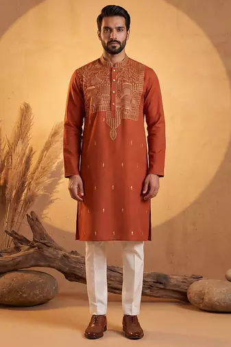 Mens orange silk blend solid emboidered straight kurta with trouser