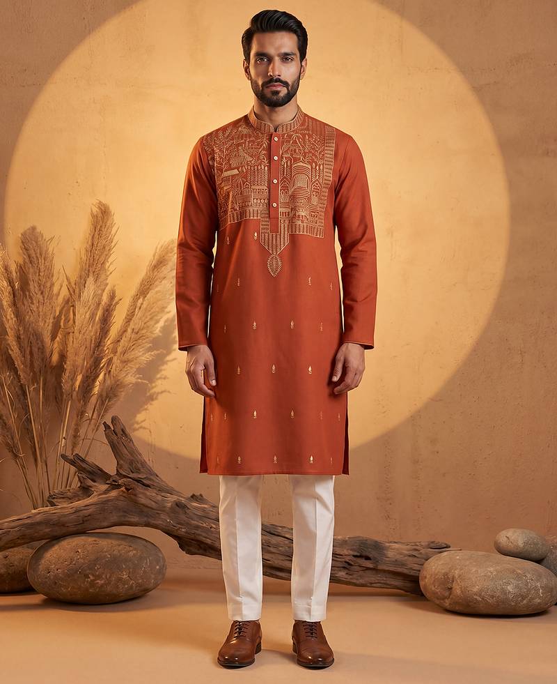 Mens orange silk blend solid emboidered straight kurta with trouser
